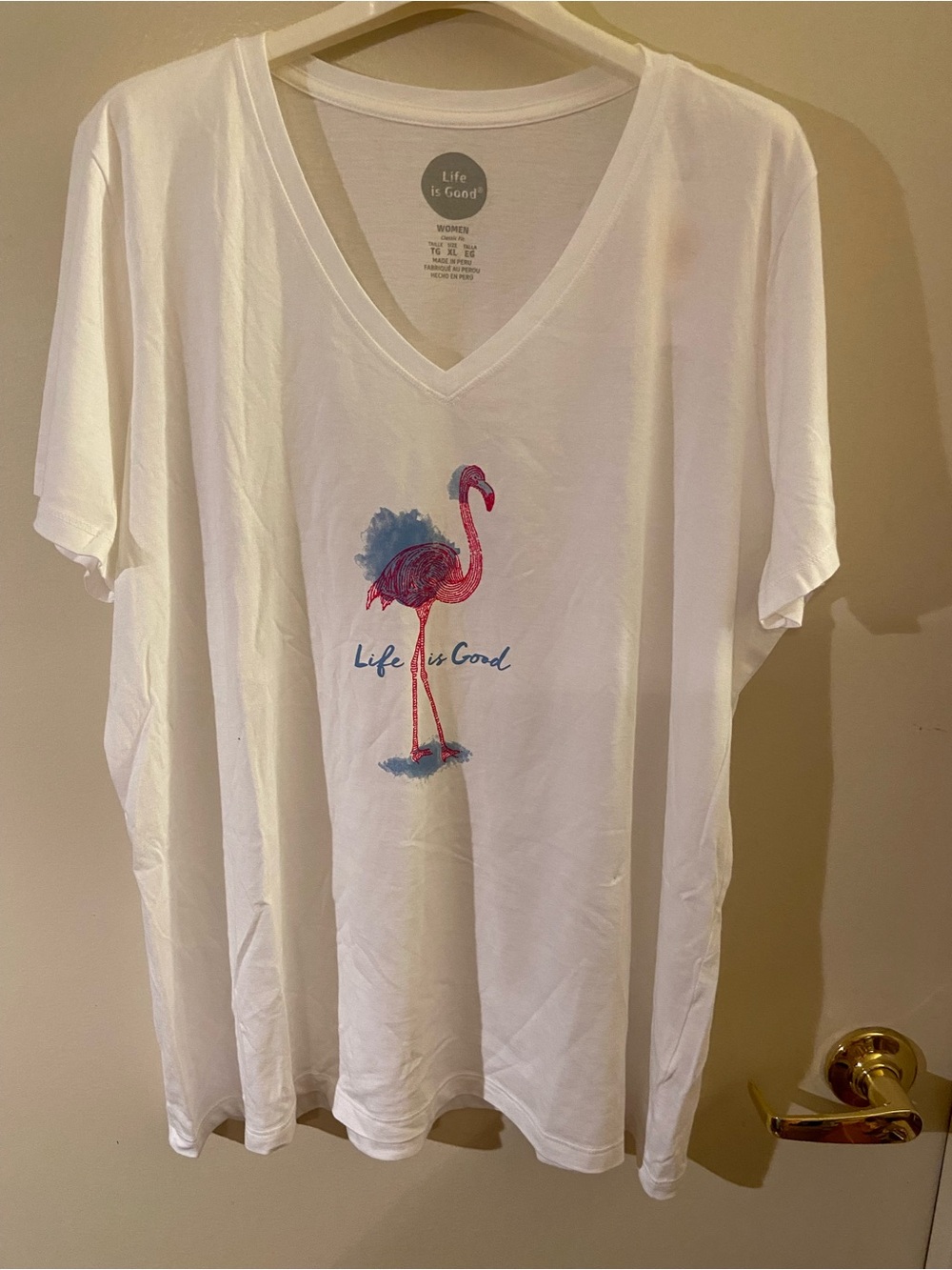 Life Is Good White V-Neck Tee with Pink Flamingo and Logo Print